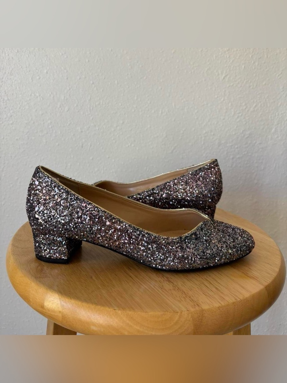 Glitter Low Block Heel Pumps - Rose Gold